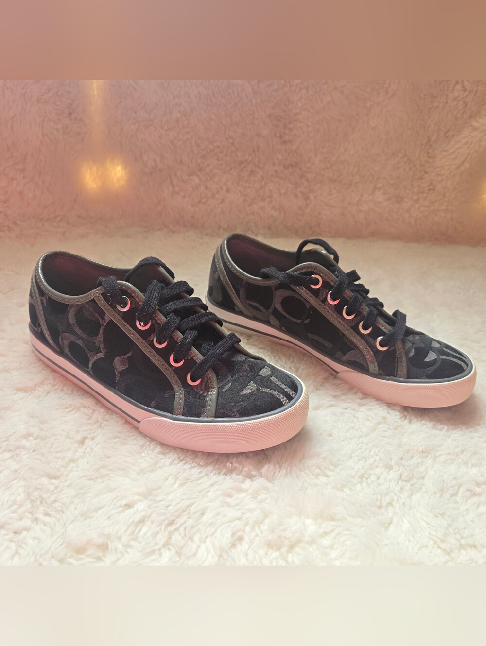 Coach Dee Signature Optic C Sneakers Black Gray Canvas Lace Up Low Top Shoes 5B